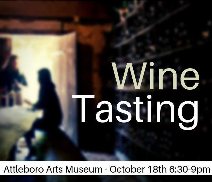 a person sitting down drinking wine with caption "Wine Tasting, Attleboro Arts Museum 6:30-9pm"